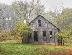 an old wooden building sitting in the middle of a forest