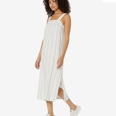 Made Of An Airy Linen And Cotton Blend, This Striped Square-Neck Midi Dress Has Body-Skimming Princess Seams And Long Adjustable Straps That Button In Back. For That Effortlessly Put-Together Look. Falls 50" From High Point Of Shoulder (Based On Size M). 55% Linen/45% Cotton. Do Well: We Partner With The Better Cotton Initiative To Improve Cotton Farming Globally. Machine Wash. B50 Beige Lined Midi Dress For Daywear, Breezy Beige Dress For Daywear, Beige Breezy Dress For Daywear, Daytime Cotton Lined Midi Dress, Cream Cotton Midi Dress For The Beach, Cream Cotton Midi Dress For Beach, Casual Cream Knee-length Maxi Dress, Beige Lined Casual Sundress, Casual Beige Lined Sundress