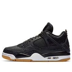 The Air Jordan 4 Retro SE 'Laser' is set to release in January 2019. This special edition of the Air Jordan 4 celebrates the 30th anniversary of the iconic silhouette with laser-etched designs on a black leather upper. White Jumpman logos on the heel and tongue tag add contrast, while a gum rubber outsole provides grippy traction. (AJ4/SNKR/Men's/Mid Top/Non-Slip/Basketball) Jordan 4 Laser Black Gum, Black Sporty Lace-up Air Jordan 4, Black Breathable Air Jordan 4 Lace-up, Black Luxury Lace-up Air Jordan 4, Black Air Jordan 4 High-top Breathable, Luxury Black Sneakers With Perforations, Jordan 11s, Low Air Jordan 1, Jumpman Logo