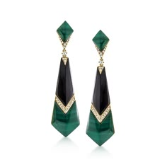 Ross-Simons - Onyx, Malachite Drop Earrings, .46ct t. w. Diamonds in 14kt Yellow Gold. These elegant and unique drop earrings capture the opulence of richly hued gems. Features 26x10mm hexagonal onyx, 20x16mm hexagonal malachite, 12x10mm kite-shaped malachite tops and the bright sparkle of .46 ct. t. w. round brilliant-cut diamonds. Set in polished 14kt yellow gold. Hanging length is 2 3/8". Post/clutch, onyx, malachite and diamond drop earrings. Italian Silver Jewelry, Gold Art Deco Earrings, Plastic Necklace, 1920s Jewelry, Shiny Rings, Earrings Diamonds, Jewellery Design Sketches, Long Earring, Green Gem