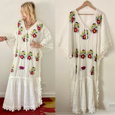 Vintage 60s Mexican hand embroidered kaftan, Great as beach cover up  or summer dress  Size: free See phtos for Measurements  Tag: none Condition: perfect vintage condition Long Embroidered Cover-up For Vacation, Long Embroidered Kaftan For Beach Season, Long Embroidered Beach Kaftan, Summer Embroidered Beachwear Maxi Dress, Embroidered Beachwear Maxi Dress For Summer, Summer Beachwear Embroidered Maxi Dress, Embroidered Long Kaftan For Beach, Long Embroidered Kaftan For Beach, Flowy Embroidered Maxi Dress For Vacation