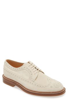 Find BRUNELLO CUCINELLI Longwing Derby on Editorialist. Intricate brogue details underscore the refined aesthetic of a longwing derby crafted in Italy from velvety calfskin suede and set on a complementary sole Lace-up style Leather upper and lining/leather and rubber sole Made in Italy Designer Shoes White Dress Shoes Men, White Dress Shoes, Refined Aesthetic, Brunello Cucinelli, Up Styles, Designer Shoes, Derby, Calf Skin, Rubber Sole