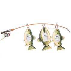 three fish are hanging on a fishing line