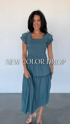 Blending a fan-favorite style with a dreamy vintage teal hue is simply *chef's kiss* perfection!😮‍💨 Our Jacie Smocked Midi Dress | Vintage Teal features adorable ruffle sleeves + pockets for all your essentials💖 Shop now🛍️ Green Blue Outfit, Muted Green, Blue Outfit, Ruffle Sleeves, Dress Vintage, Smocking, Best Sellers, Blending, New Color