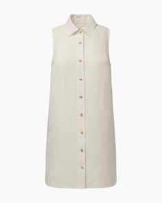 White Sleeveless Cotton Shirt Dress For Daywear, Spring Sleeveless Button-up Dress For Daywear, A-line Mini Dress With Button Closure For Daywear, Classic Fitted Sleeveless Shirt Dress, Sleeveless White Shirt Dress For Work, White Sleeveless Shirt Dress For Work, Casual Sleeveless Shirt Dress For Work, Sleeveless Cotton Shirt Dress, Classic Sleeveless Linen Dress