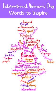 the words for international women's day are shown in pink and purple, with white background