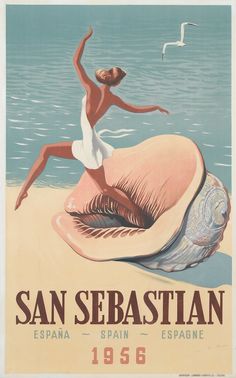 an advertisement for san sebastian with a woman on the beach