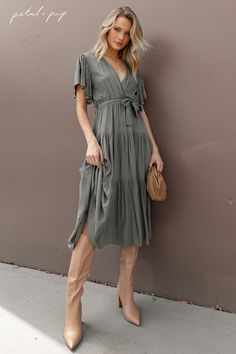 Fall midi dress, tie front dress, olive midi dress, casual fall dress, cute fall outfit Summer Midi V-neck Dress With Tie Waist, Spring Vacation V-neck Dress With Tie Waist, Chic V-neck Dress With Ruffle Hem For Day Out, Summer Flowy V-neck Dress With Tie Waist, Chic V-neck Midi Dress With Tie Fastening, Flowy Summer V-neck Dress With Tie Waist, Summer V-neck Belted Midi Dress, Fall V-neck Midi Dress With Tie Waist, Spring Midi Dress With Flutter Sleeves For Brunch