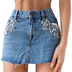 Brand New With Tags Embellished Jeweled And Beaded Micro Mini Denim Skirt By Bdg / Urban Outfitters! No Longer Available, Retailed For $99. Size Medium, Would Also Fit A Small Dm For Measurements And I Can Get Them For You Nwt, Absolutely No Flaws Or Missing Stones! Sooo Y2k And Mcbling, I Love This Skirt So Much **Please Review All Photos And Item Description Carefully As All Sales Are Final. If You Have Any Questions, Feel Free To Send Me A Message!** #Y2k #Bdg #Urbanoutfitters #Nwt #Mcbling Blue Denim Sequined Bottoms, Denim Blue Embellished Bottoms, Party Blue Denim Skirt, Trendy Embellished Denim Blue Bottoms, Embellished High-waist Denim Bottoms, Sequin Denim Bottoms For Spring, Summer Embellished Blue Skirt, Summer Blue Embellished Skirt, Embellished Blue Skirt For Summer