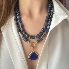 Elevate your style with our Sodalite Necklace. Handcrafted with deep blue sodalite gemstones, this beaded jewelry piece is perfect for making a statement. It's an ideal Mother's Day gift or anniversary gift. Women like it!  You can wear this unique gemstone jewelry  everyday and it will absolutely add a stylish finishing touch to your look. Beaded statement necklace is suitable for your summer clothes.  You can choose this big bold sun stone necklace for your mom, wife or girlfriend as a birthda Sodalite Necklace, Blue Statement Necklace, Unique Anniversary Gifts, Sun Stone, Beaded Necklace Designs, Lapis Lazuli Necklace, Birthday Gift For Mom, Blue Sodalite, Necklace For Her