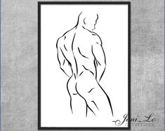 a black and white drawing of a man's back with his hands on his hips