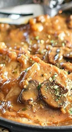 a close up of food in a pan on a table