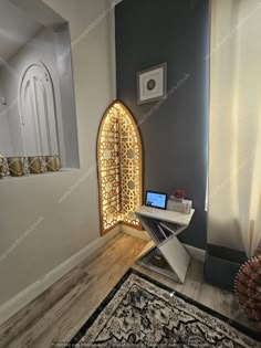 a room with a mirror, desk and rug