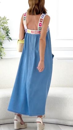 SPU: YSHHP246344 Style: casual Color: blue Season: spring Neckline: suspender Sleeve length： sleeveless Material:cotton Size: S/M/L/XL/2XL/3XL/4XL/5XL Size Chart： Length Bust CM inch CM inch S 136 53.5  96 37.8  M 137 53.9  101 39.8  L 138 54.3  106 41.7  XL 139 54.7  111 43.7  2XL 140 55.1  116 45.7  3XL 141 55.5  121 47.6  4XL 142 55.9  126 49.6  5XL 143 56.3  131 51.6  This data was obtained from manually measuring the product, it may be off by 1-2 CM. Casual Patchwork Denim Dress For Spring, Casual Denim Blue Patchwork Dress, Casual Denim Blue Dress With Patchwork, Blue Bohemian Denim Dress For Spring, Spring Patchwork Denim Dress In Medium Wash, Spring Medium Wash Patchwork Denim Dress, Spring Patchwork Medium Wash Denim Dress, Spring Sundress With Pockets For Summer, Summer Sundress With Pockets For Spring