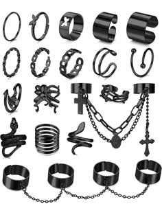 ▶GOTHIC PUNK CHAIN RINGS◀You will get 18 pcs of punk chain finger rings. Include butterfly rings, cross chain rings, 4 band chain ring, virgin mary chain rings, snake rings, etc. Which are cool and novel, sufficient for you to wear and replace in daily life, you can also share some of them with your friends or families. ▶GOTHIC RING SET◀The gothic ring set is made of high quality alloy with smooth inner surface, strong and durable, comfortable to wear. Adjustable rings size-you can wear t... Adjustable Emo Rings, Chain Rings Men, Gothic Hand Jewelry, Emo Rings Men, Y2k Rings Men, Black Punk Style Open Ring Jewelry, Black Metal Punk Rings, Black Punk Metal Rings, Black Metal Grunge Rings