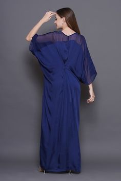 Blue draped maxi kaftan crafted in modal satin, organza with sequin-beads embellished patchwork on the waist and pleats detailing. - Aza Fashions Elegant Floor-length Georgette Kaftan, Floor-length Georgette Kaftan For Spring, Floor-length Chiffon Kaftan For Weddings, Chiffon Wedding Kaftan With Maxi Length, Chiffon Maxi Length Kaftan For Wedding, Blue Silk Chiffon Maxi Dress For Party, Silk Maxi Dress With Sheer Sleeves, Elegant Silk Floor-length Kaftan For Evening, Flowy Blue Georgette Maxi Dress