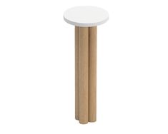 a white table with two wooden legs on the top and one leg in the middle