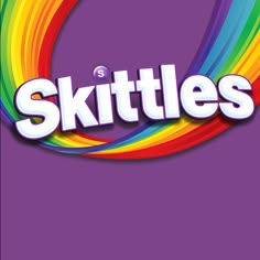 the logo for skittles is shown on a purple background with rainbow swirls