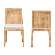 two wicker chairs side by side with white cushions