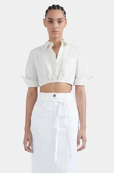 Rosa Top in Whisper – Altuzarra Chic Collared Cotton Crop Top, Chic Cotton Crop Top For Work, Fitted Cotton Cropped Shirt For Work, Fitted Cropped Shirt For Office, Elegant Cropped Cotton Shirt, Elegant Fitted Cotton Cropped Shirt, Elegant Cotton Cropped Shirt For Work, Classic Cropped Summer Shirt, Modern Cropped Shirt For Spring