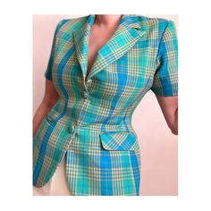 "Vintage 70s Checked Short Sleeve Blazer, Vintage Tailored to Fit Tartan Short Blazer, Vintage Green Blue Summer Jacket * Beautiful Vintage late 70s tailored to fit short sleeve summer blazer. Checked, tartan pattern in yellow, green and blue, Classic collar with decent V/neckline, two button front closure and two deep side pocket. Small shoulder pads. Classic yet playful vintage blazer jacket that pairs well with your favorite high waisted pants, denim or skirts. Best fits Size S-M depending on Classic Fitted Short Sleeve Blazer, Classic Fitted Short Sleeve Outerwear, Single Breasted Fitted Collared Top, Single Breasted Fitted Top With Lapel Collar, Fitted Single Breasted Collared Top, Vintage Tailored Green Blazer, Vintage Single Breasted Tops For Spring, Fitted Short Sleeve Blazer With Button Closure, Retro Fitted Single Breasted Blazer