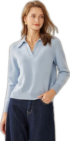 Blue Cashmere Sweater With Ribbed Collar, Spring Wool V-neck Sweater With Long Sleeves, Elegant Blue Fine Knit Sweater, Elegant Fine Knit Blue Sweater, Elegant Blue Wool Tops, Elegant Fine Knit Polo Sweater For Spring, Elegant Long Sleeve Cashmere V-neck Sweater, Blue Cashmere Sweater For Spring, Classic Blue Cashmere Polo Sweater