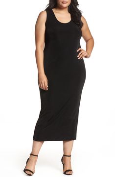 A lightweight stretch-knit fabric gives gracefully fluid movement to a sleek, scoop-neck dress that follows the figure to an ankle-skimming finish. Glam it up with your favorite accessories or keep it simple and elegant. 52" length (size 1X). Slips on over head. Scooped neck. Sleeveless. Lightweight, stretch-knit fabric. 94% acetate, 6% Lycra® spandex. Dry clean or hand wash warm, dry flat. By Vikki Vi; made in the USA. Encore. Dresses By Color, Black Tank Dress, Scoop Neck Dress, Maxi Robes, Maxi Tank Dress, Plus Size Maxi Dresses, Dresses Ideas, Designer Clothes For Men, Keep It Simple