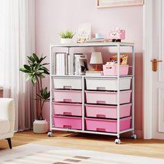 a pink and white storage unit in a living room