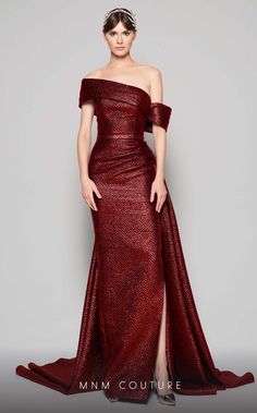 MNM Couture - N0356 Asymmetric Off-Shoulder Drape Train Evening Gown Ruby Aesthetic, Couture Evening Gowns, Long Ball Gown, Neo Baroque, Mnm Couture, Gold Dresses, Christmas Cracker, Bordeaux Wine, Couture Gown