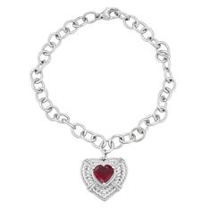 "A heart-shaped charm adorned with diamond accents and a center gemstone give this sterling silver bracelet a darling look. A heart-shaped charm adorned with diamond accents and a center gemstone give this sterling silver bracelet a darling look. BRACELET DETAILS Length: 7.5 in. Clasp: lobster-claw Metal: sterling silver Finish: polished STONE DETAILS Total carat weight: 1 7/8 ct., 1 5/8 ct. Center stone size: 8 mm x 8 mm Center stone carat weight: 1 1/2 ct., 1 3/4 ct. Setting: prong Gemstone(s) Luxury Red Jewelry With Heart Charm, Silver Diamond Heart Bracelet As Gift, Diamond Heart Bracelet For Valentine's Day, Valentine's Day Diamond Heart Bracelet, Diamond Heart Charm Bracelet In White Gold, Luxury Silver Diamond Heart Bracelet, Diamond Heart Charm Bracelet Jewelry, White Gold Diamond Heart Bracelet With Heart Charm, Luxury Sterling Silver Heart Bracelet For Valentine's Day