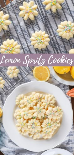 lemon sprinkle cookies on a white plate next to oranges and lemon slices