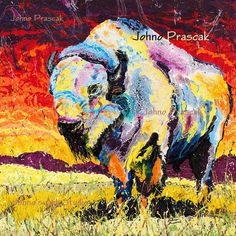 a painting of an elephant in a field with the words john prasal on it