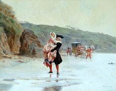 a painting of two people walking on the beach with horses and carriages in the background