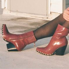 Jeffrey Campbell L 7.5 Walton Red Patent Gold Studded Pointed Cowboy Boot Bootie. Fits Approximately : 7.5 Medium; Label States 7.5m - See Measurements. Width : 3-1/8” Measured Across Widest Part Of Outsole Length : 10.5” Measured Along Insole Shaft Height : 6.5” Heel Height : 3.25” Nib. Excellent Condition. Never Worn. 0160acc New To Poshmark? Use Code "Shesabettie" For $10 Off Your First Purchase! Fall Red High Heel Mid-calf Boots, Red High Heel Mid-calf Boots For Fall, Burgundy Platform Boots With Round Toe For Fall, Red Round Toe Mid-calf Boots For Fall, Red Leather Snip Toe Mid-calf Boots, Fall Heeled Boots With Red Sole And Pointed Toe, Red Ankle Platform Boots For Fall, Chic Red Platform Boots For Fall, Trendy Burgundy Heeled Boots For Fall