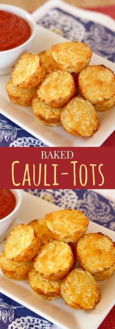 baked cauli - tots on a white plate with red sauce in the background