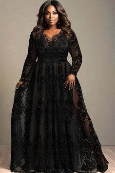 Plus Size Black Wedding Dresses, Black Wedding Dresses Plus Size, Black Maid Of Honor Dress, Black Plus Size Wedding Dress, Plus Size Gala Dress, Plus Size Semi Formal, Lace Maxi Dresses, Black V Neck Long Sleeve, Witches Ball