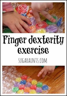 children playing with gummy bears on the floor and text overlay reads finger dexterity exercise