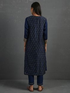 Indigo Block Printed Handwoven Chanderi Kurta with Mul Slip and Pants (Set of 3) By The Neem Tree now available at Trendroots Gold Hand, Gold Hands, Best Deal, Waist Band, Cotton Silk, Block Print, Pants Set, Sweater Dress, Ready To Wear