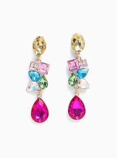 Beautiful stones dangle from an elegant drop earring that instantly elevates any look. Post back. 2. 25”length. Base metals. Imported. The best plus size women's multi gem statement drop earrings in multi. Colorful Statement Earrings, Multicolor Crystal Chandelier Drop Earrings, Multicolor Crystal Chandelier Earrings, Multicolor Teardrop Earrings For Party, Multicolor Teardrop Chandelier Earrings For Party, Glamorous Multicolor Dangle Crystal Earrings, Semi Precious Stone Jewelry, Christmas Attire, Ear Drops