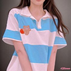 Qteee - Embroidered Lapel T-Shirt featuring Stylish Striped Cartoon Bear Design Casual White Patchwork T-shirt, Casual Patchwork Tops For College, Casual Cotton Patchwork T-shirt, Casual White Polo Shirt For College, Casual Patchwork Short Sleeve T-shirt, Casual Striped Short Sleeve Polo Shirt, Casual Short Sleeve Patchwork T-shirt, Patchwork Cotton Tops For College, Casual Embroidered Cotton Polo Shirt