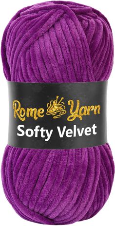 purple yarn ball with the words, rome yarn soft velvet