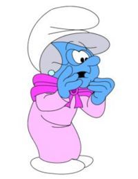 the smurf is wearing a pink dress and hat with her hands on her face