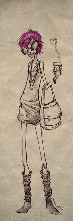 a drawing of a girl with pink hair holding a purse and a cup in her hand