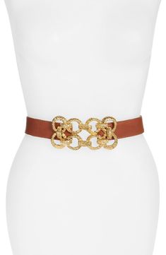 Interlocking goldtone hardware furthers the contemporary edge of a form-fitting stretch belt fashioned with smooth leather. Style Name:Raina Leather Stretch Belt. Style Number: 5073769. Available in stores. Corset Belt Outfit, Belt Outfit, 2021 Outfits, Hawaiian Floral Print, Elegant Clothes, Women's Belts, Anime Accessories, Corset Belt, Stretch Belt