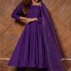 Featuring A Purple Anarkali In Cotton Base With Gota Lace Work. It Is Paired With Matching Cotton Pants And An Organza Dupatta. It’s Not A Kurta But There Was No Option For Anarkali/Frock Suit. Tags Attaches But No Price Listed. The Top Does Have Padding. Can Be Worn On The Shoulder Or Off. My Pictures Are The Real Depiction Of The Color. The Stock Pictures Are A Bit Too Dark. Cotton Anarkali Dress, Purple Anarkali, Anarkali Frock, Cotton Anarkali, Organza Dupatta, Anarkali Dress, Maroon Color, Cotton Pants, Anarkali