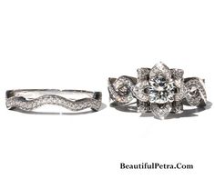 two wedding rings with diamond accents on each one and an engagement ring in the other