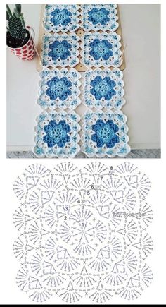 crocheted doily pattern with blue and white flowers on it, next to an image of the finished doily