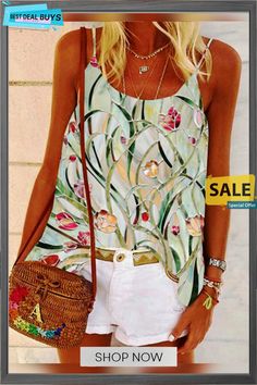 Floral-print Cotton-blend Sleeveless Casual Tops Green Graphic Print Sleeveless Tank Top, Printed Tank Top For Spring, Printed Sleeveless Casual Tank Top, Casual Printed Sleeveless Tank Top, Multicolor Summer Tops With Plant Print, Casual Floral Print Sleeveless Tank Top, Patterned Sleeveless Top With Floral Print, Patterned Floral Print Sleeveless Tops, Spring White Printed Tank Top