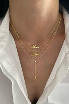 Customize this classic gothic name necklace with the name or word of your choice. 14K Yellow, White or Rose Gold Dainty curb chain - 1mm thickness Letter measurement ranges from 5mm - 8mm depending on the letter Length: Based on number of letters - up to 10 allowed FINAL SALE Luxury Engraved Name Necklace In Fine Jewelry Style, Luxury Personalized Anniversary Custom Necklace, Name Chain Aesthetic, Luxury Yellow Gold Name Necklace For Anniversary, Cheap Nameplate Necklace, Cheap Personalized Charm Necklace For Birthday, Layered Name Necklaces Gold, Chains With Names Gold, Custom Gold Necklace Name