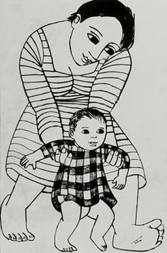 a black and white drawing of a man holding a baby in his arms, with the child's arm around him